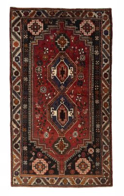 Full view of 2000s Shiraz rug from Iran / Persia, 268 × 154 cm in Red tones