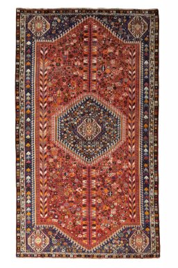 Full view of 2000s Shiraz rug from Iran / Persia, 276 × 159 cm in Red tones