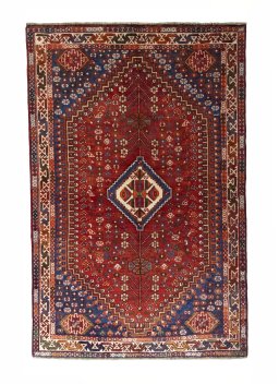Full view of 2000s Shiraz rug from Iran / Persia, 243 × 159 cm in Red tones
