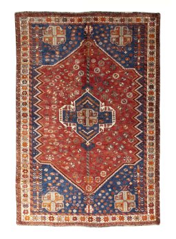 Full view of 2000s Shiraz rug from Iran / Persia, 247 × 166 cm in Red tones