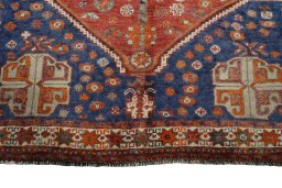 Full view of 2000s Shiraz rug from Iran / Persia, 247 × 166 cm in Red tones