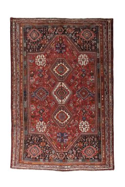 Full view of 2000s Shiraz rug from Iran / Persia, 318 × 214 cm in Red tones