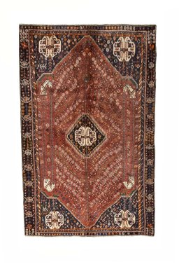 Full view of 2000s Shiraz rug from Iran / Persia, 248 × 153 cm in Red tones