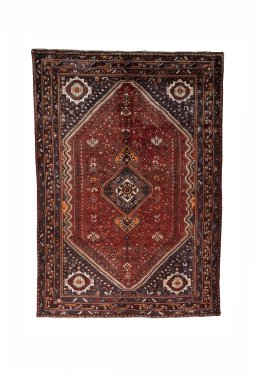 Full view of 2000s Shiraz rug from Iran / Persia, 310 × 217 cm in Red tones