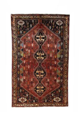 Full view of 2000s Shiraz rug from Iran / Persia, 281 × 173 cm in Red tones