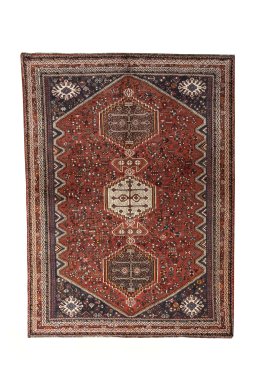 Full view of 2000s Shiraz rug from Iran / Persia, 243 × 180 cm in Red tones