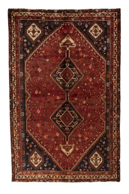 Full view of 2000s Shiraz rug from Iran / Persia, 278 × 186 cm in Red tones