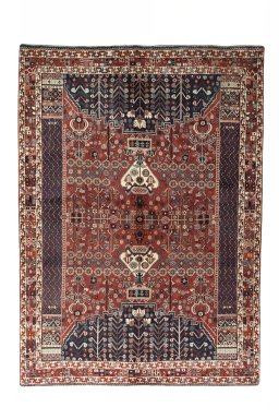 Full view of 2000s Shiraz rug from Iran / Persia, 250 × 180 cm in Red tones