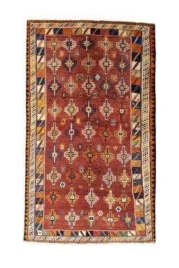 Full view of 2000s Shiraz rug from Iran / Persia, 256 × 151 cm in Red tones