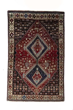 Full view of 2000s Shiraz rug from Iran / Persia, 238 × 150 cm in Red tones