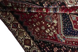 Full view of 2000s Shiraz rug from Iran / Persia, 238 × 150 cm in Red tones