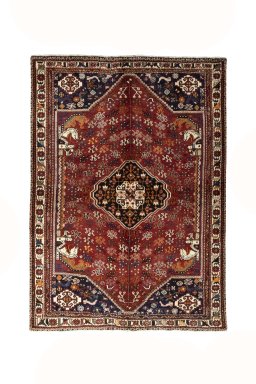 Full view of 2000s Shiraz rug from Iran / Persia, 252 × 181 cm in Red tones