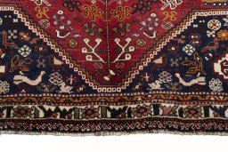 Full view of 2000s Shiraz rug from Iran / Persia, 252 × 181 cm in Red tones