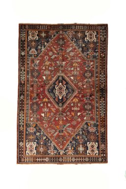 Full view of 2000s Shiraz rug from Iran / Persia, 255 × 164 cm in Red tones