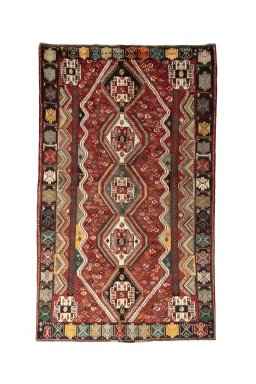 Full view of 2000s Shiraz rug from Iran / Persia, 280 × 170 cm in Red tones