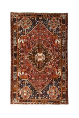 Full view of 2000s Shiraz rug from Iran / Persia, 247 × 155 cm in Red tones