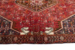 Full view of 2000s Shiraz rug from Iran / Persia, 257 × 156 cm in Red tones