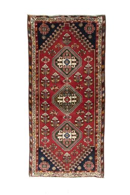 Full view of 2000s Shiraz rug from Iran / Persia, 166 × 80 cm in Red tones