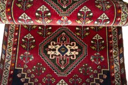 Full view of 2000s Shiraz rug from Iran / Persia, 166 × 80 cm in Red tones