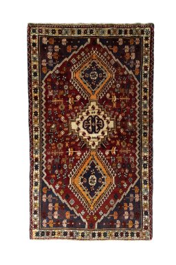 Full view of 2000s Shiraz rug from Iran / Persia, 187 × 110 cm in Red tones
