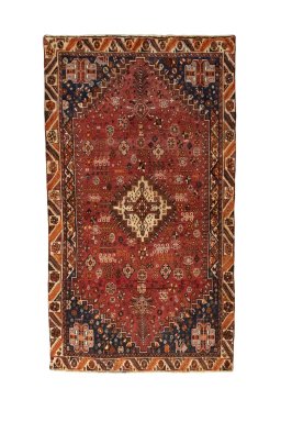 Full view of 2000s Shiraz rug from Iran / Persia, 260 × 144 cm in Red tones