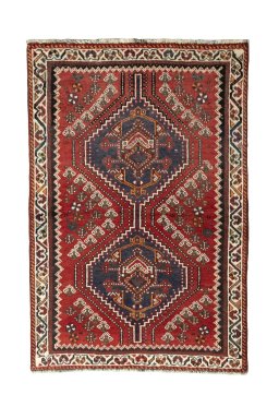 Full view of 2000s Shiraz rug from Iran / Persia, 145 × 98 cm in Red tones