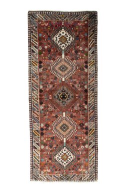 Full view of 2000s Shiraz rug from Iran / Persia, 190 × 77 cm in Red tones