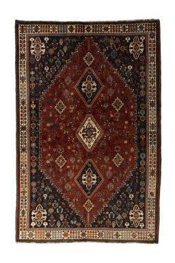 Full view of 2000s Shiraz rug from Iran / Persia, 267 × 177 cm in Red tones