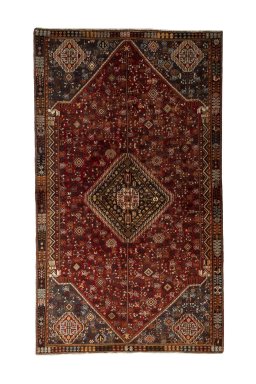 Full view of 2000s Shiraz rug from Iran / Persia, 252 × 148 cm in Red tones