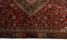 Full view of 2000s Shiraz rug from Iran / Persia, 252 × 148 cm in Red tones