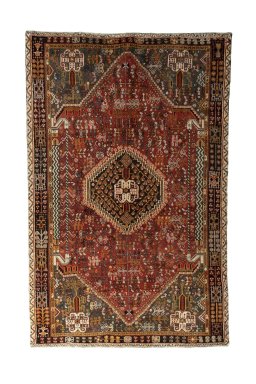 Full view of 2000s Shiraz rug from Iran / Persia, 245 × 155 cm in Red tones