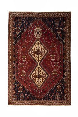 Full view of 2000s Shiraz rug from Iran / Persia, 203 × 138 cm in Red tones