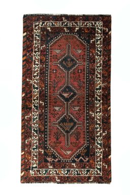 Full view of 2000s Shiraz rug from Iran / Persia, 196 × 105 cm in Red tones