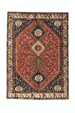 Full view of 2000s Shiraz rug from Iran / Persia, 282 × 203 cm in Red tones