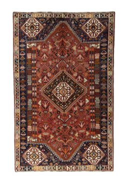 Full view of 2000s Shiraz rug from Iran / Persia, 268 × 167 cm in Red tones