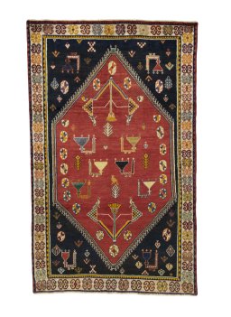 Full view of 2000s Shiraz rug from Iran / Persia, 216 × 133 cm in Red tones