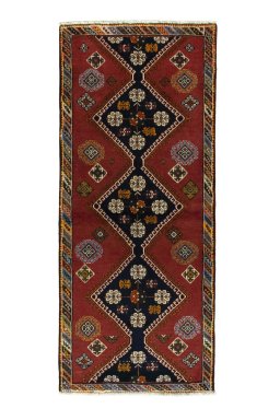 Full view of 2000s Shiraz rug from Iran / Persia, 197 × 85 cm in Red tones