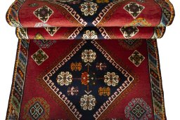 Full view of 2000s Shiraz rug from Iran / Persia, 197 × 85 cm in Red tones