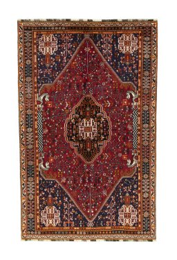 Full view of 2000s Shiraz rug from Iran / Persia, 257 × 163 cm in Red tones