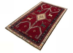 Corner detail of 2000s Shiraz rug showing border pattern and Wool pile