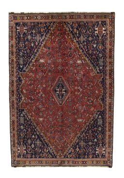 Full view of 1970s Shiraz rug from Iran / Persia, 300 × 205 cm in Red tones