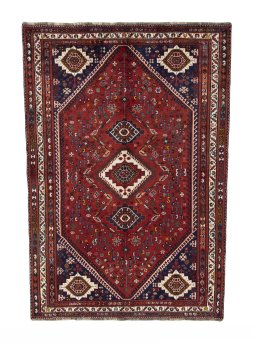 Full view of 2000s Shiraz rug from Iran / Persia, 267 × 182 cm in Red tones
