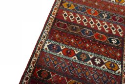 Backside of handmade 2000s Shiraz rug showing knot structure and weave density
