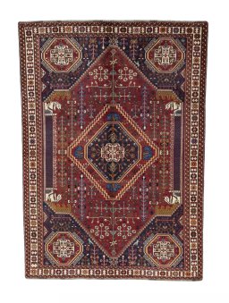 Full view of 2000s Shiraz rug from Iran / Persia, 293 × 210 cm in Red tones
