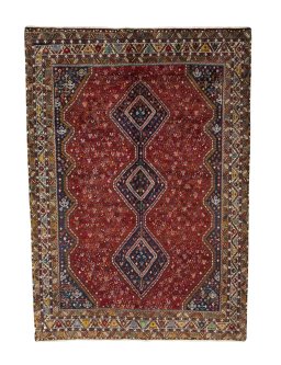 Full view of 2000s Shiraz rug from Iran / Persia, 290 × 205 cm in Red tones