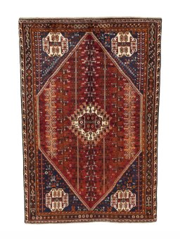 Full view of 2000s Shiraz rug from Iran / Persia, 244 × 163 cm in Red tones
