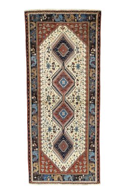 Full view of 2000s Shiraz rug from Iran / Persia, 200 × 84 cm in Beige tones