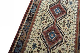 Backside of handmade 2000s Shiraz rug showing knot structure and weave density