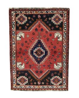 Full view of 2000s Shiraz rug from Iran / Persia, 170 × 123 cm in Red tones
