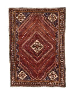 Full view of 2000s Shiraz rug from Iran / Persia, 285 × 200 cm in Red tones